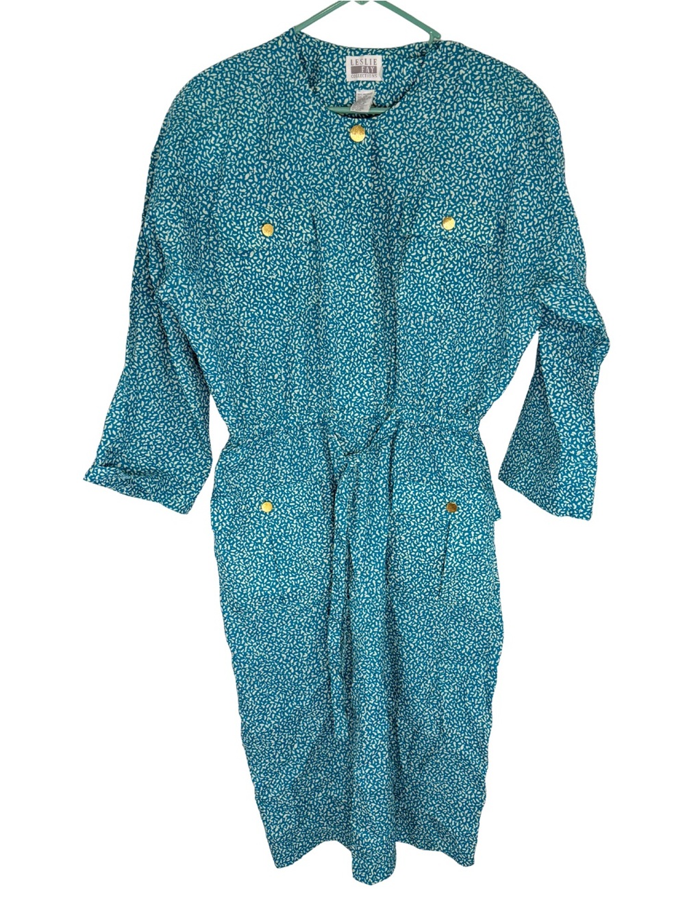 Leslie Fay Teal Printed Long Sleeve Midi Dress
